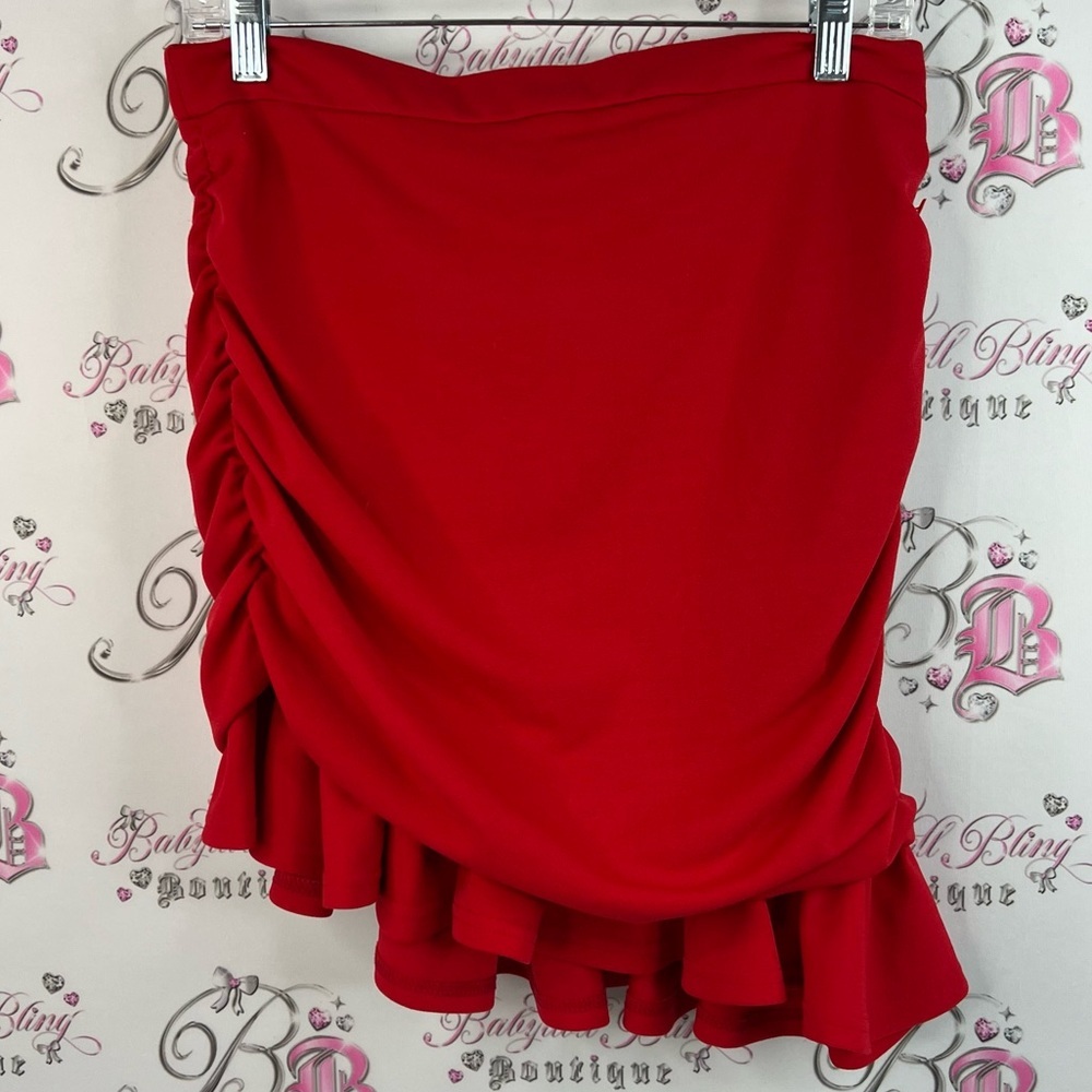 Revamped skirt ruffle frilly cinched ruffles flattering Asymmetrical Red Skirt